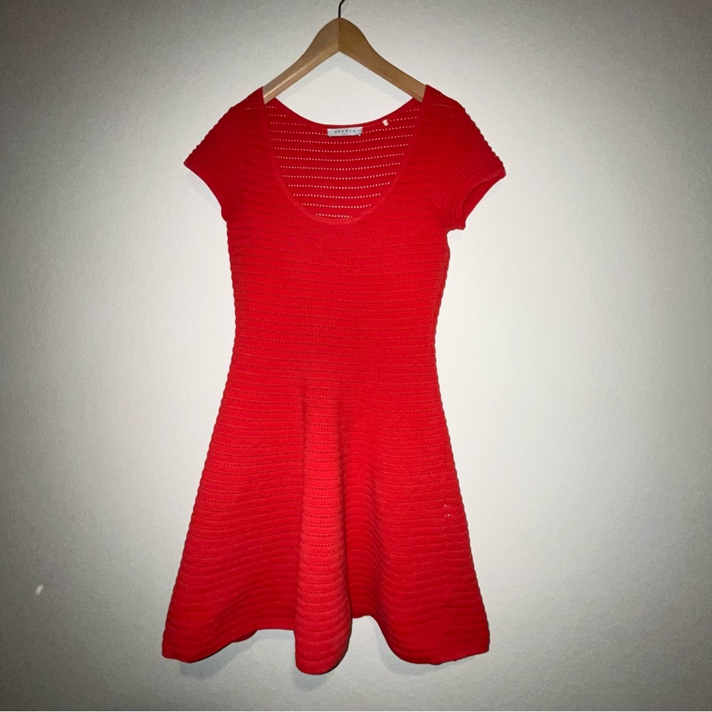 Sandro Paris Red Eyelet Pointelle Knit Fit Flare Mini Skater Dress SZ 1 (US 4)